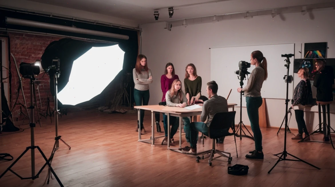 Skupina ľudí na fotení v štúdiu, inštruktor vysvetľuje prácu s kamerou a osvetlením, okolo stojany a softboxy.