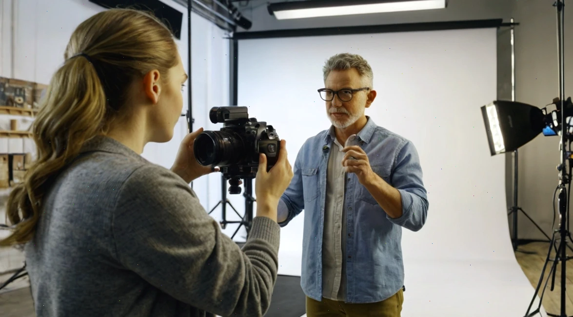Inštruktor vysvetľuje prácu s kamerou fotografovi v štúdiu, okolo profesionálne osvetlenie a stojany.