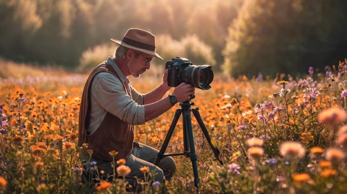 Fotograf skladá kompozíciu záberu s kvetmi a fotoaparátom na statíve